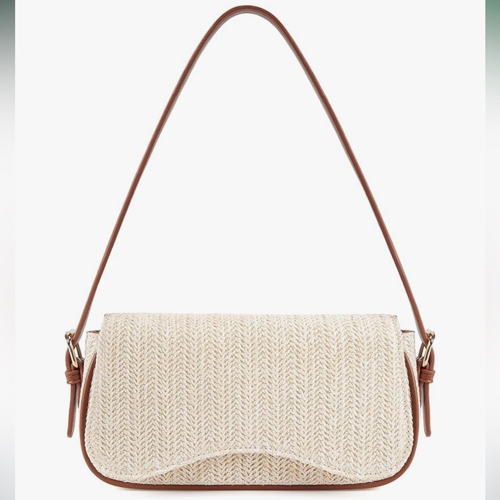 *New* Shoulder Bag Purse/Trendy Underarm Crescent - Brown and Raffia Woven - Picture 2 of 16